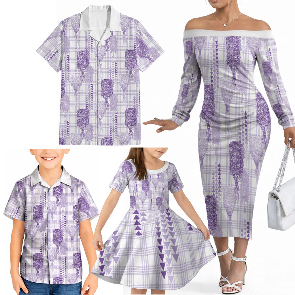 Aloha Hawaii Vintage Kahili Pa'a Lima Family Matching Off The Shoulder Long Sleeve Dress and Hawaiian Shirt Palaka Print Pastel Lavender