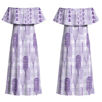 Aloha Hawaii Vintage Kahili Pa'a Lima Family Matching Off Shoulder Maxi Dress and Hawaiian Shirt Palaka Print Pastel Lavender