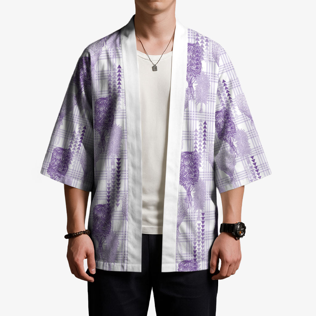 Aloha Hawaii Vintage Kahili Pa'a Lima Kimono Palaka Print Pastel Lavender