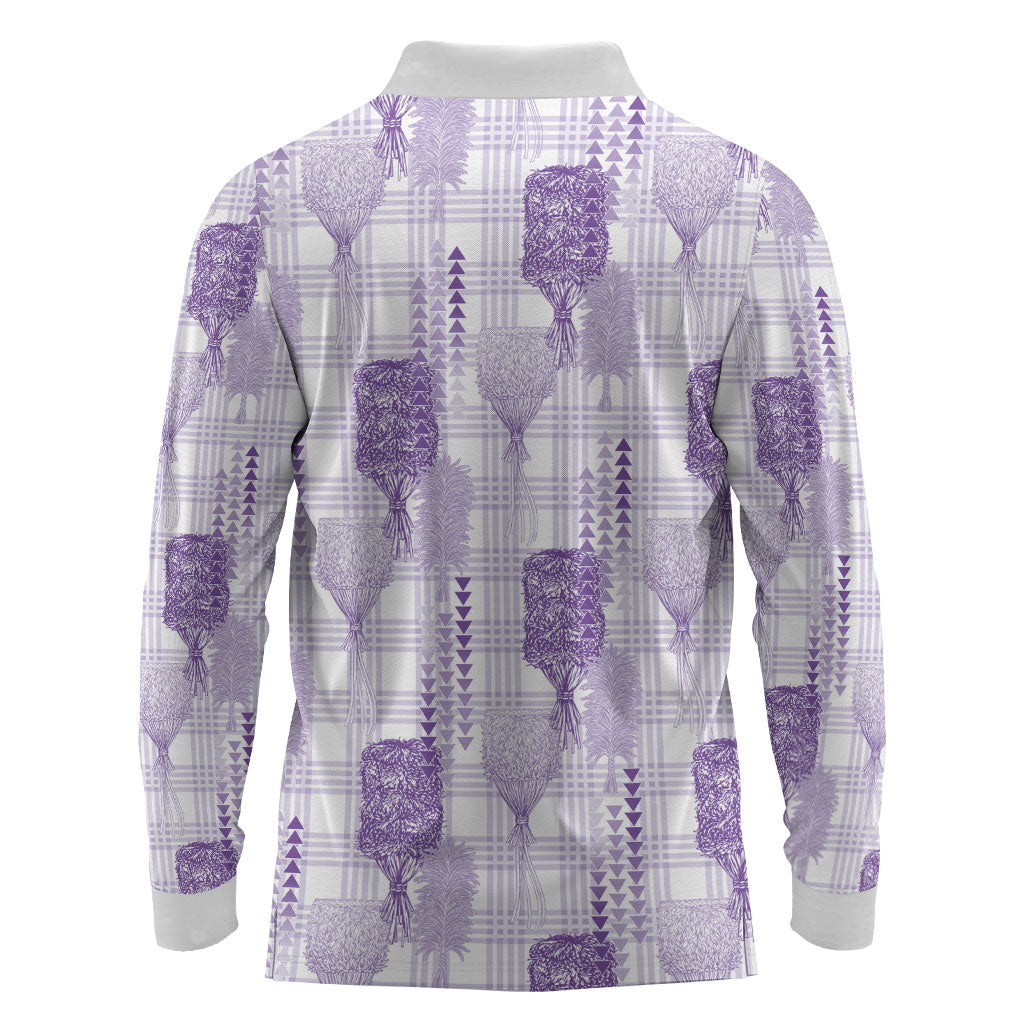 Aloha Hawaii Vintage Kahili Pa'a Lima Long Sleeve Polo Shirt Palaka Print Pastel Lavender