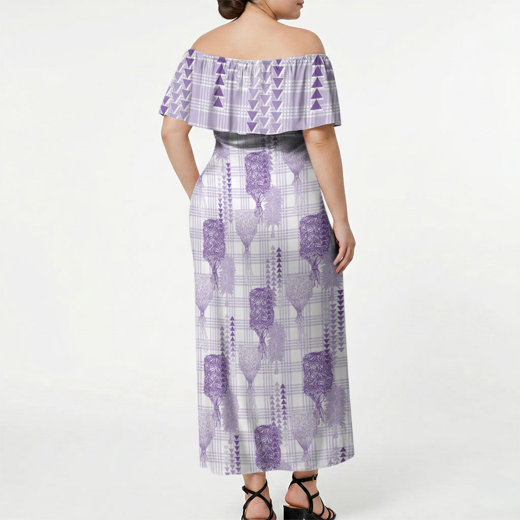 Aloha Hawaii Vintage Kahili Pa'a Lima Off Shoulder Maxi Dress Palaka Print Pastel Lavender