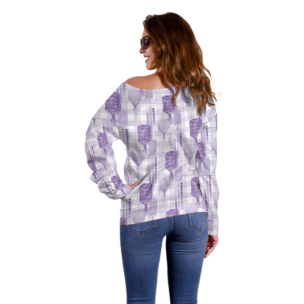 Aloha Hawaii Vintage Kahili Pa'a Lima Off Shoulder Sweater Palaka Print Pastel Lavender