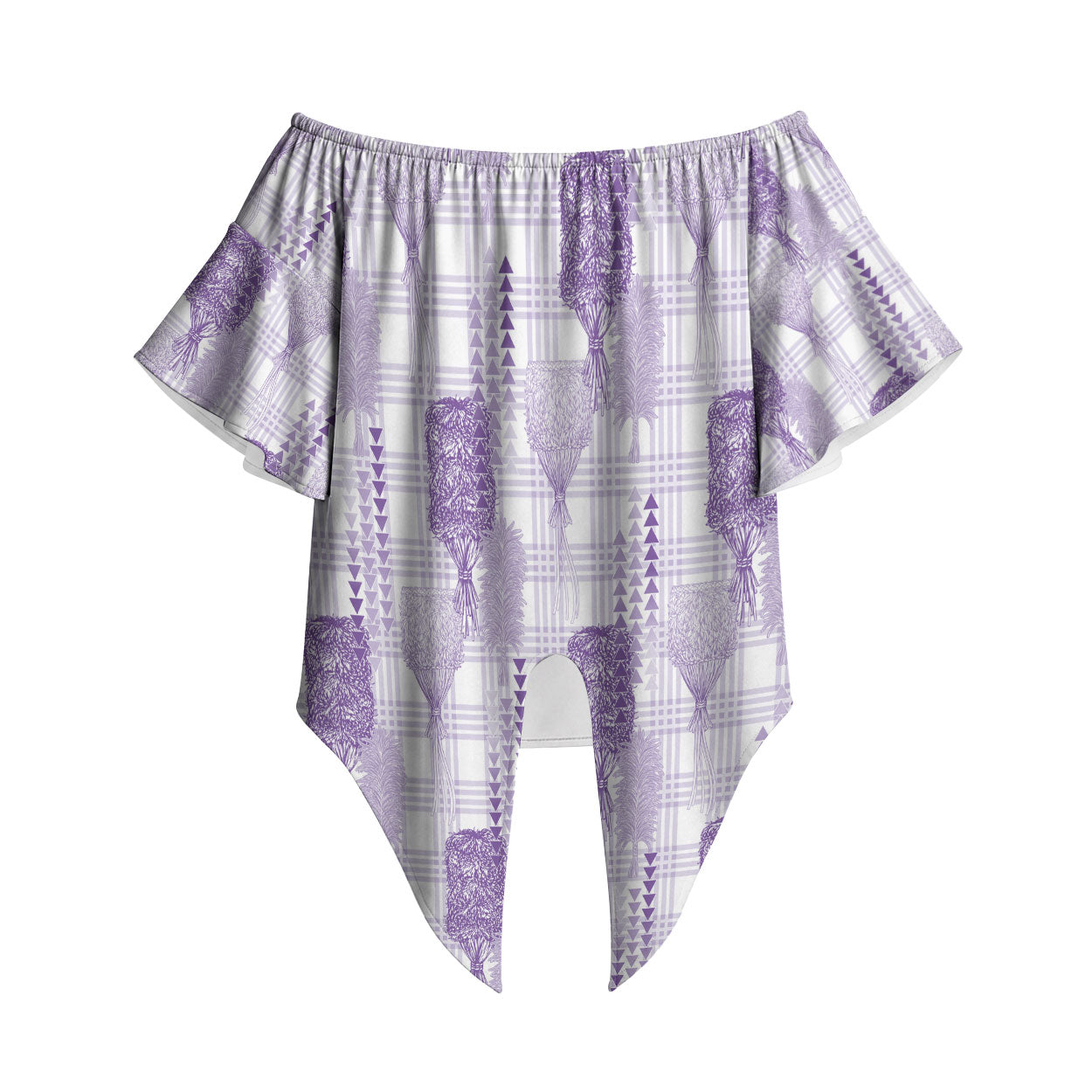 Aloha Hawaii Vintage Kahili Pa'a Lima Off Shoulder Wrap Waist Top Palaka Print Pastel Lavender LT7 Lavender - Polynesian Pride