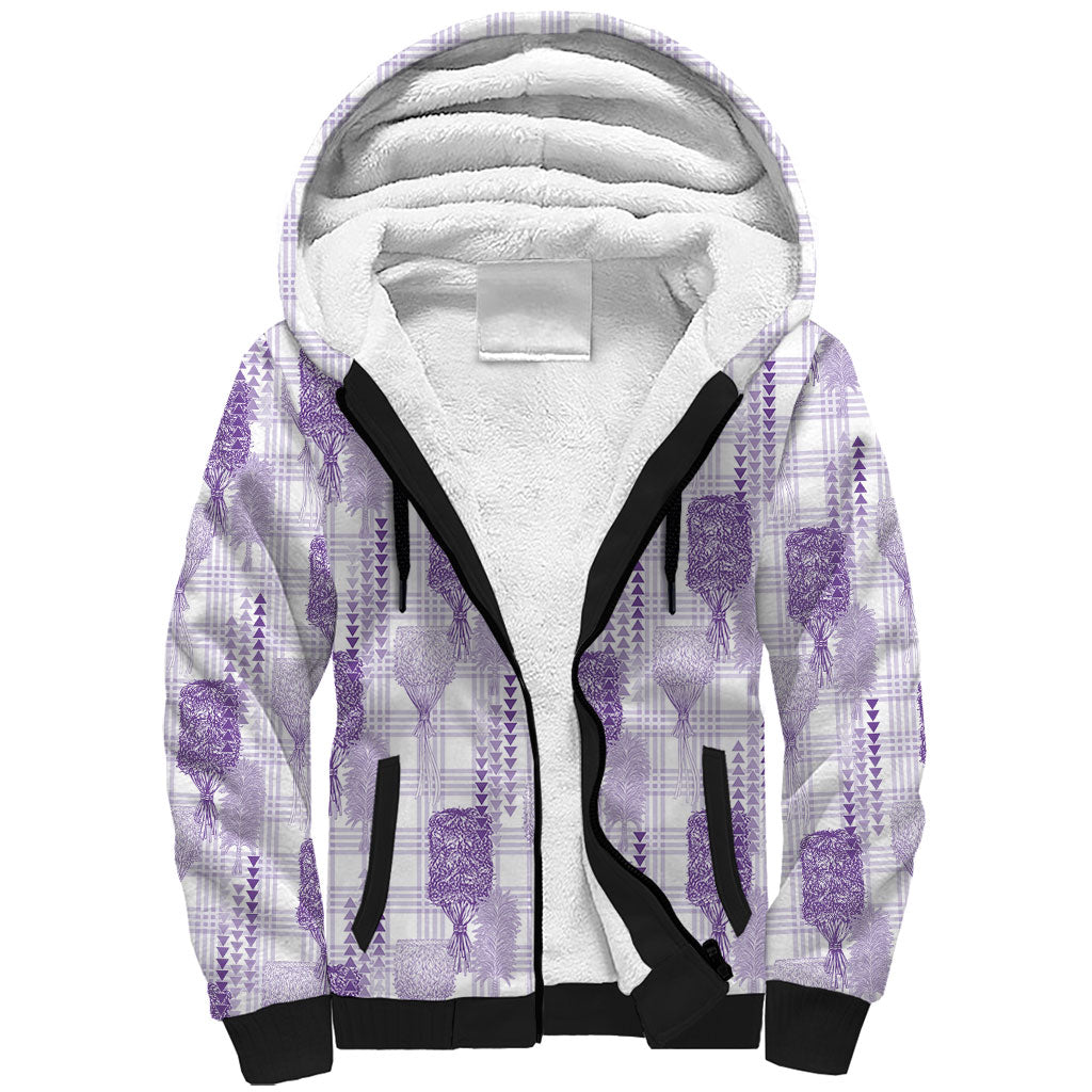 Aloha Hawaii Vintage Kahili Pa'a Lima Sherpa Hoodie Palaka Print Pastel Lavender