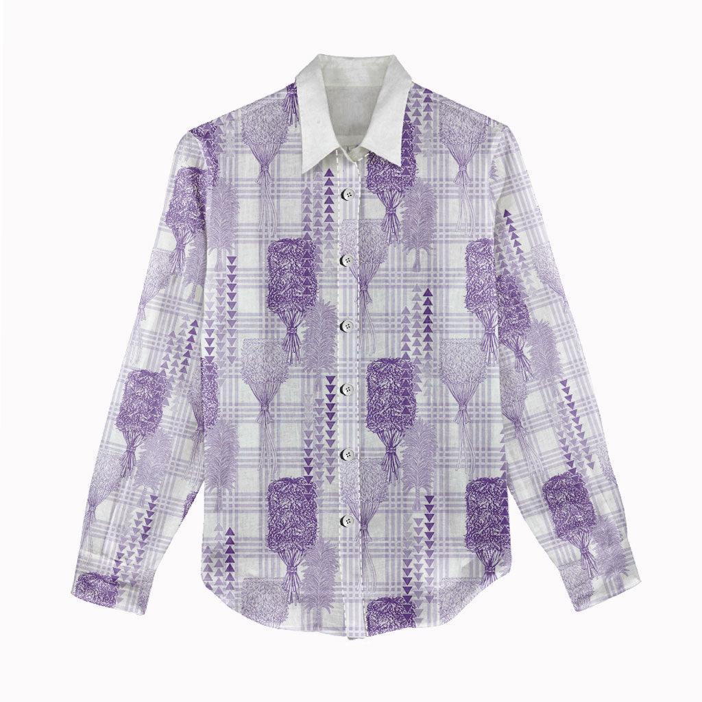 Aloha Hawaii Vintage Kahili Pa'a Lima Women Casual Shirt Palaka Print Pastel Lavender