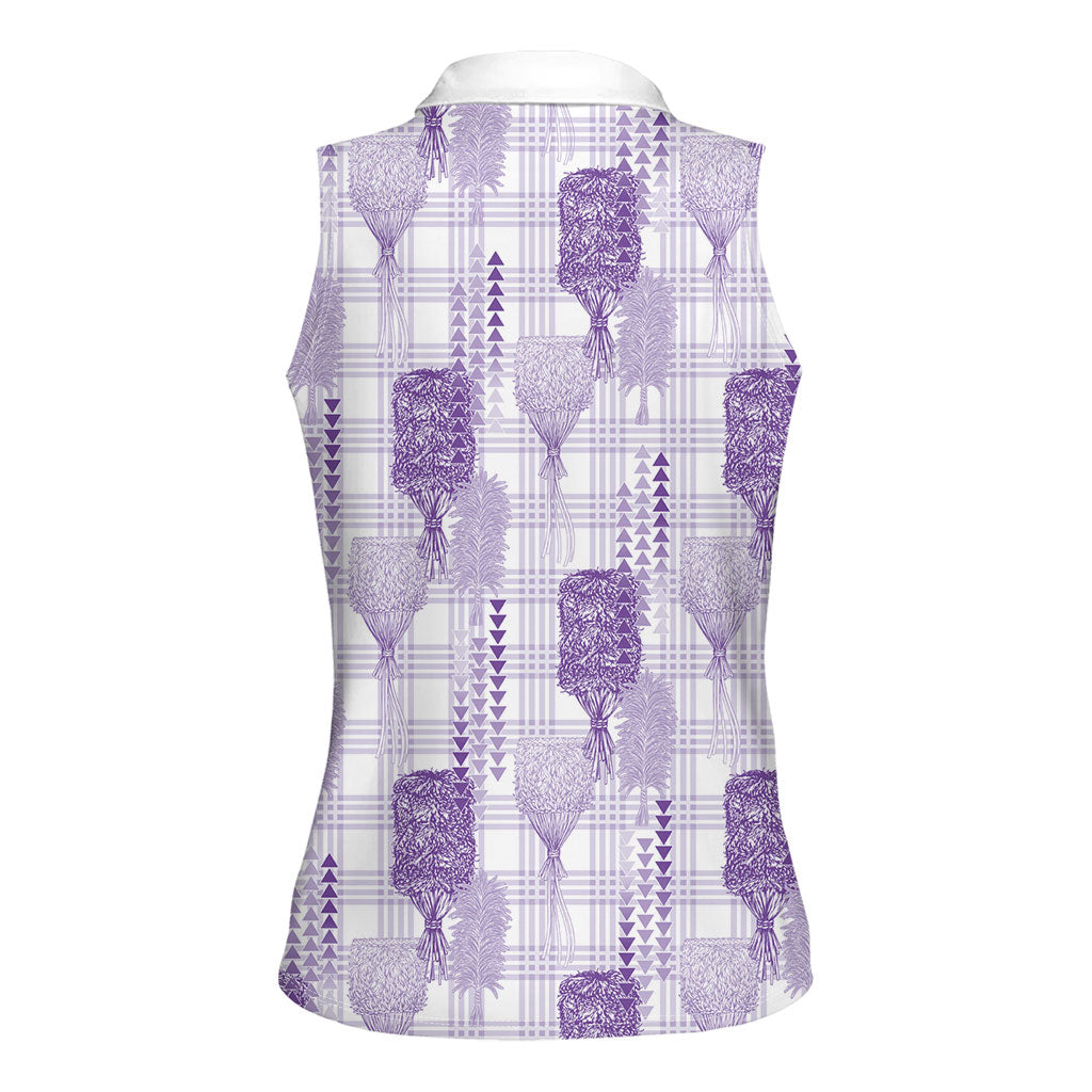 Aloha Hawaii Vintage Kahili Pa'a Lima Women Sleeveless Polo Shirt Palaka Print Pastel Lavender
