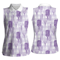 Aloha Hawaii Vintage Kahili Pa'a Lima Women Sleeveless Polo Shirt Palaka Print Pastel Lavender