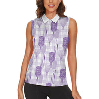 Aloha Hawaii Vintage Kahili Pa'a Lima Women Sleeveless Polo Shirt Palaka Print Pastel Lavender