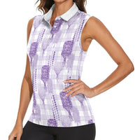 Aloha Hawaii Vintage Kahili Pa'a Lima Women Sleeveless Polo Shirt Palaka Print Pastel Lavender