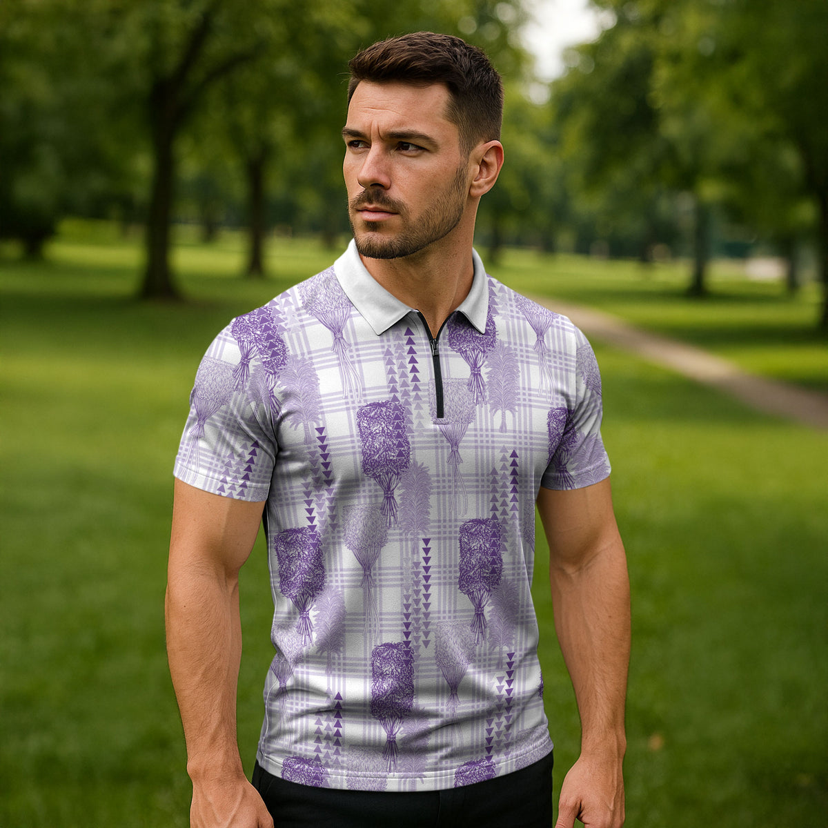 Aloha Hawaii Vintage Kahili Pa'a Lima Zipper Polo Shirt Palaka Print Pastel Lavender
