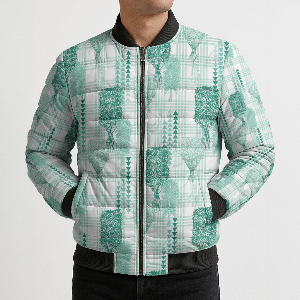 Aloha Hawaii Vintage Kahili Pa'a Lima Bomber Puffer Jacket Palaka Print Mossy Teal