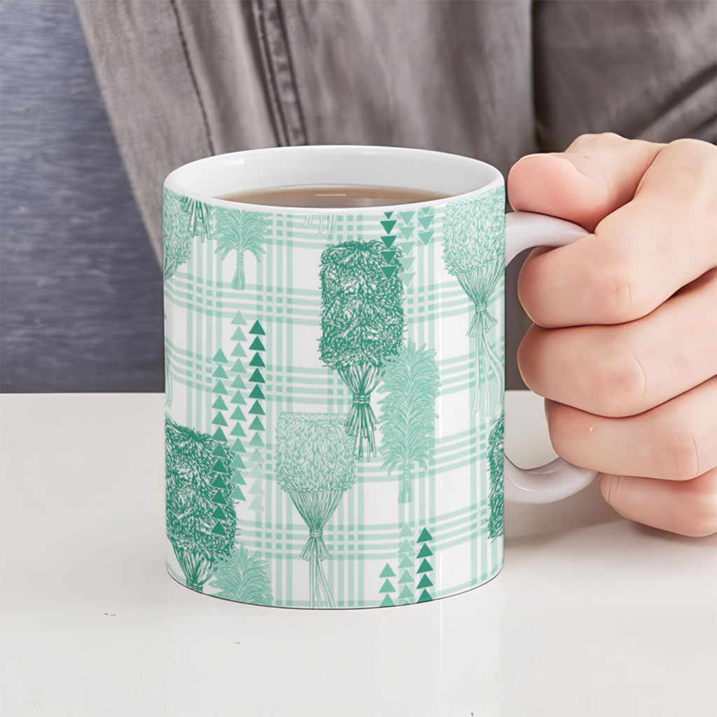 Aloha Hawaii Vintage Kahili Pa'a Lima Ceramic Mug Palaka Print Mossy Teal