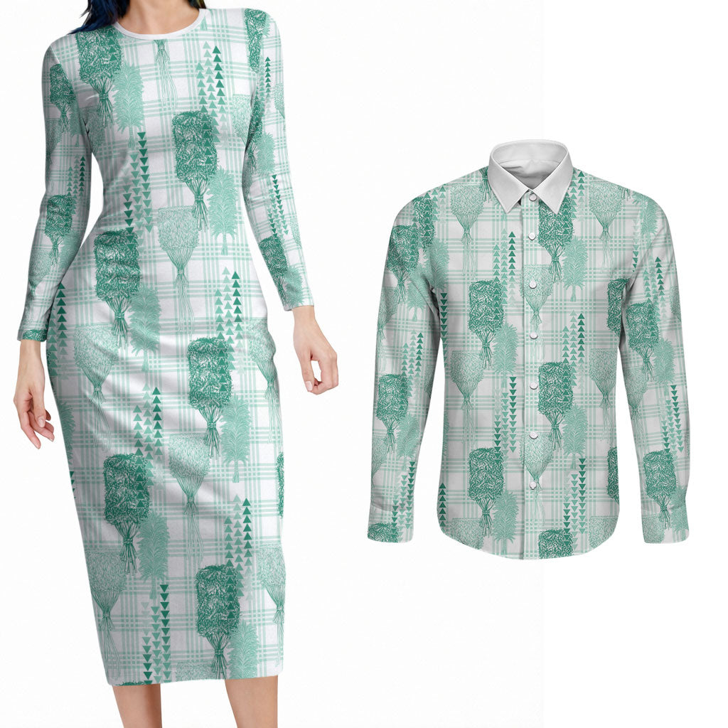 Aloha Hawaii Vintage Kahili Pa'a Lima Couples Matching Long Sleeve Bodycon Dress and Long Sleeve Button Shirt Palaka Print Mossy Teal LT7 Mossy Teal - Polynesian Pride