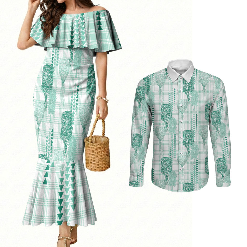 Aloha Hawaii Vintage Kahili Pa'a Lima Couples Matching Mermaid Dress and Long Sleeve Button Shirt Palaka Print Mossy Teal LT7 Mossy Teal - Polynesian Pride