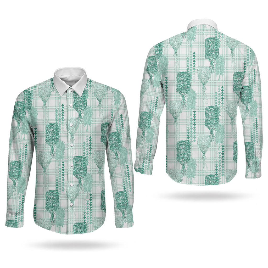 Aloha Hawaii Vintage Kahili Pa'a Lima Couples Matching Mermaid Dress and Long Sleeve Button Shirt Palaka Print Mossy Teal