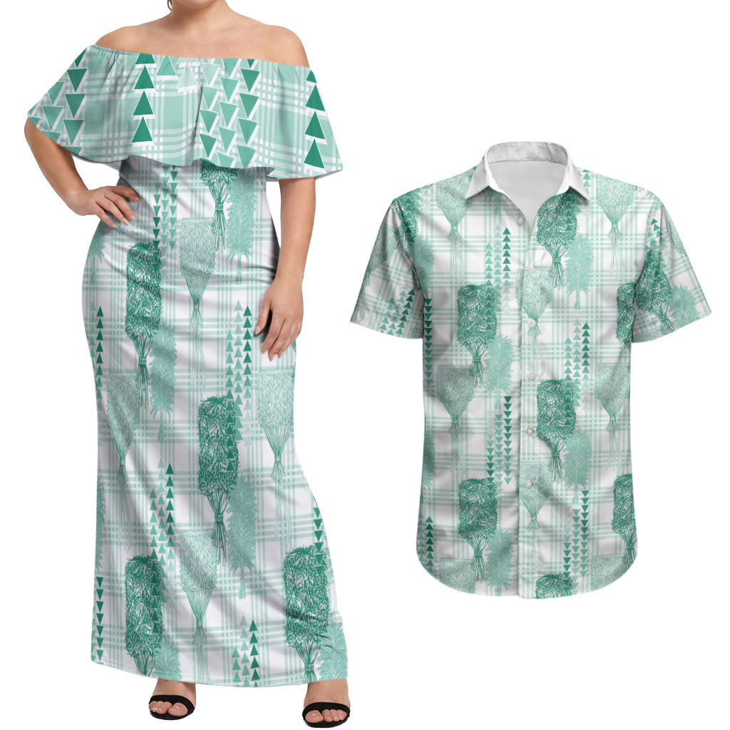 Aloha Hawaii Vintage Kahili Pa'a Lima Couples Matching Off Shoulder Maxi Dress and Hawaiian Shirt Palaka Print Mossy Teal LT7 Mossy Teal - Polynesian Pride