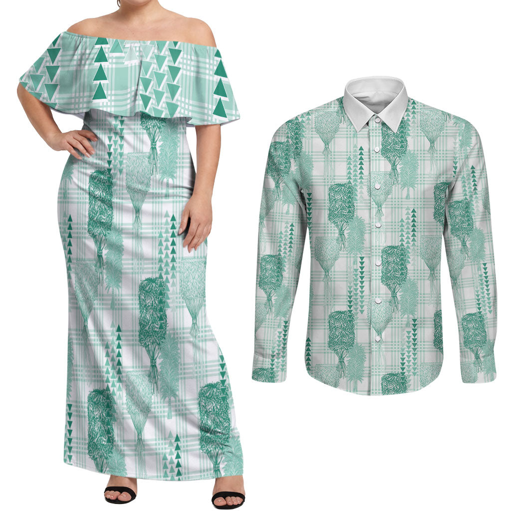 Aloha Hawaii Vintage Kahili Pa'a Lima Couples Matching Off Shoulder Maxi Dress and Long Sleeve Button Shirt Palaka Print Mossy Teal LT7 Mossy Teal - Polynesian Pride