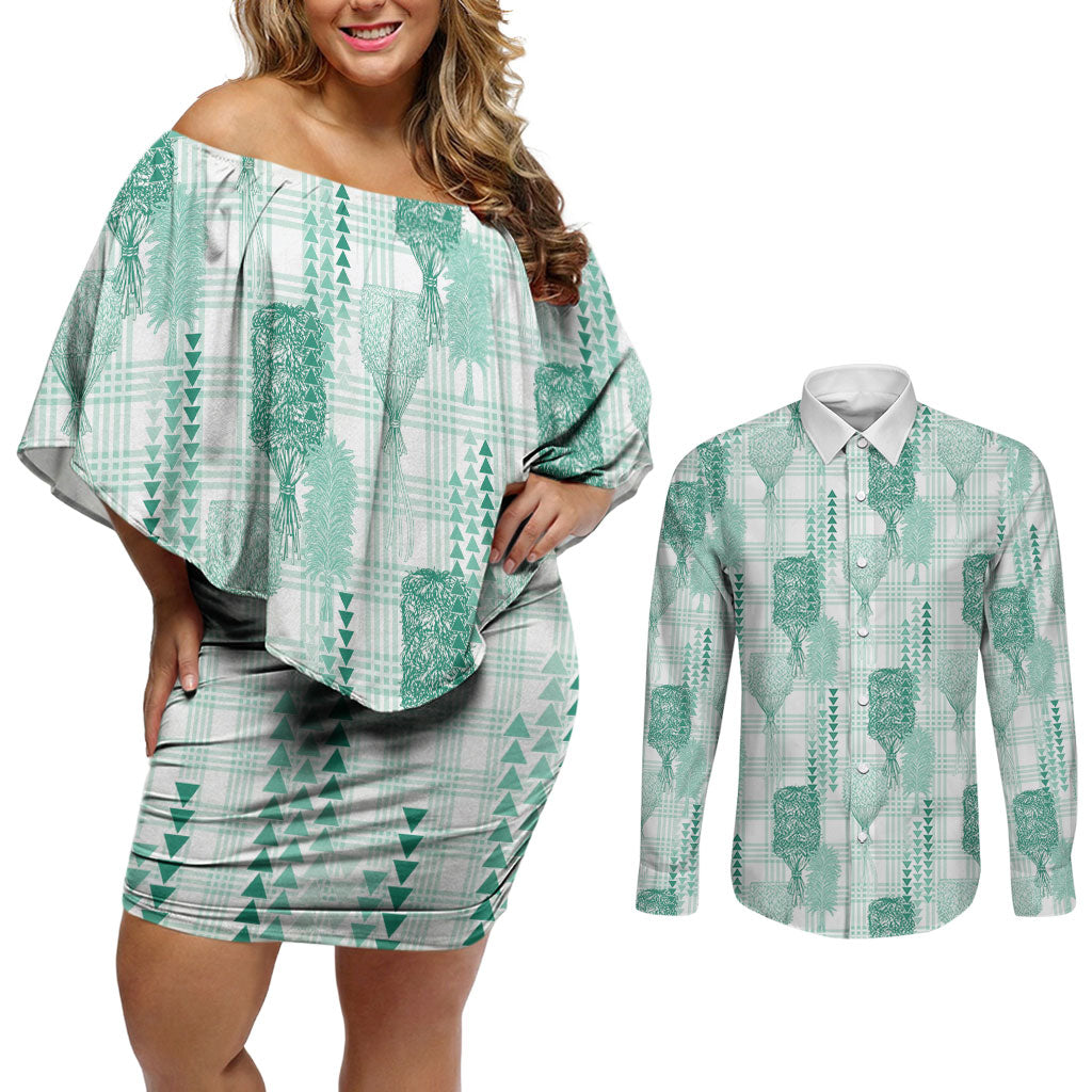 Aloha Hawaii Vintage Kahili Pa'a Lima Couples Matching Off Shoulder Short Dress and Long Sleeve Button Shirt Palaka Print Mossy Teal LT7 Mossy Teal - Polynesian Pride