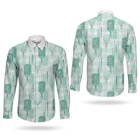 Aloha Hawaii Vintage Kahili Pa'a Lima Couples Matching Off Shoulder Short Dress and Long Sleeve Button Shirt Palaka Print Mossy Teal