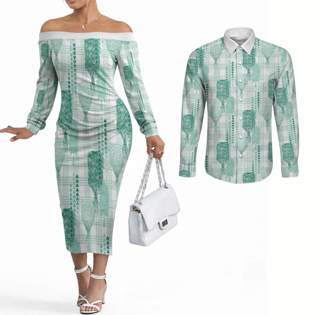 Aloha Hawaii Vintage Kahili Pa'a Lima Couples Matching Off The Shoulder Long Sleeve Dress and Long Sleeve Button Shirt Palaka Print Mossy Teal LT7 Mossy Teal - Polynesian Pride