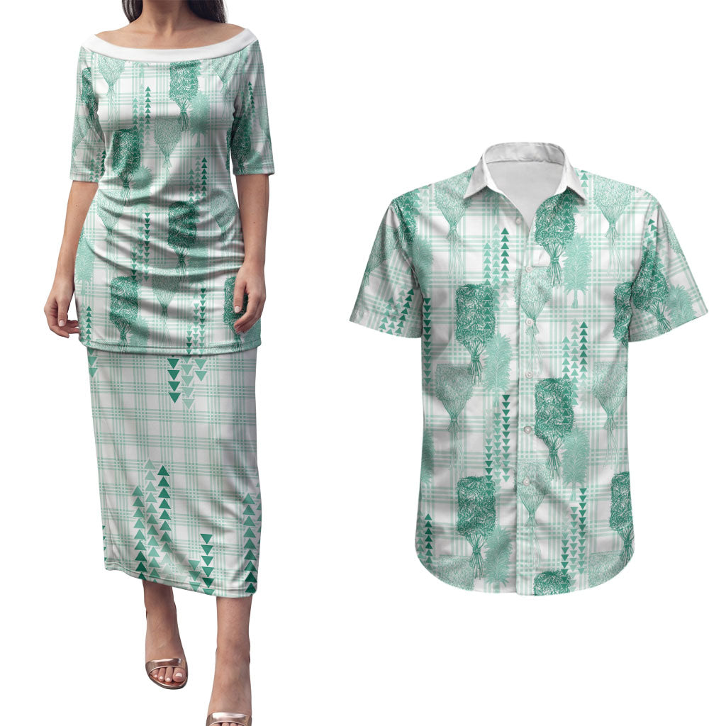 Aloha Hawaii Vintage Kahili Pa'a Lima Couples Matching Puletasi and Hawaiian Shirt Palaka Print Mossy Teal LT7 Mossy Teal - Polynesian Pride