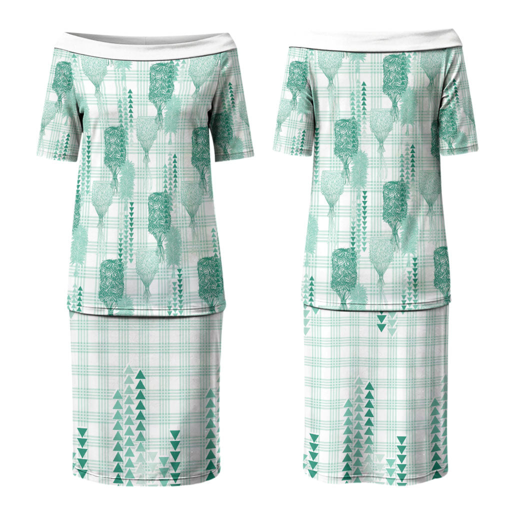 Aloha Hawaii Vintage Kahili Pa'a Lima Couples Matching Puletasi and Hawaiian Shirt Palaka Print Mossy Teal