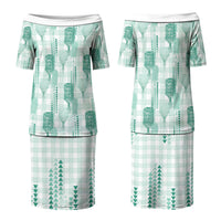 Aloha Hawaii Vintage Kahili Pa'a Lima Couples Matching Puletasi and Hawaiian Shirt Palaka Print Mossy Teal