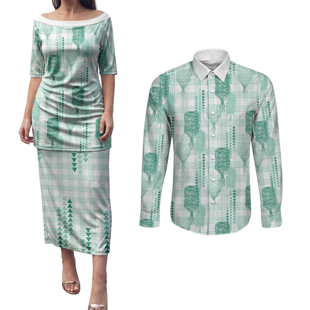 Aloha Hawaii Vintage Kahili Pa'a Lima Couples Matching Puletasi and Long Sleeve Button Shirt Palaka Print Mossy Teal LT7 Mossy Teal - Polynesian Pride