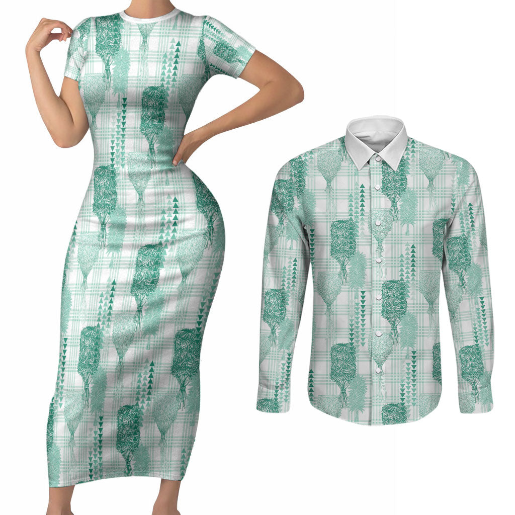 Aloha Hawaii Vintage Kahili Pa'a Lima Couples Matching Short Sleeve Bodycon Dress and Long Sleeve Button Shirt Palaka Print Mossy Teal LT7 Mossy Teal - Polynesian Pride