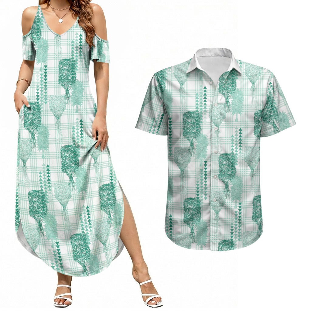 Aloha Hawaii Vintage Kahili Pa'a Lima Couples Matching Summer Maxi Dress and Hawaiian Shirt Palaka Print Mossy Teal LT7 Mossy Teal - Polynesian Pride