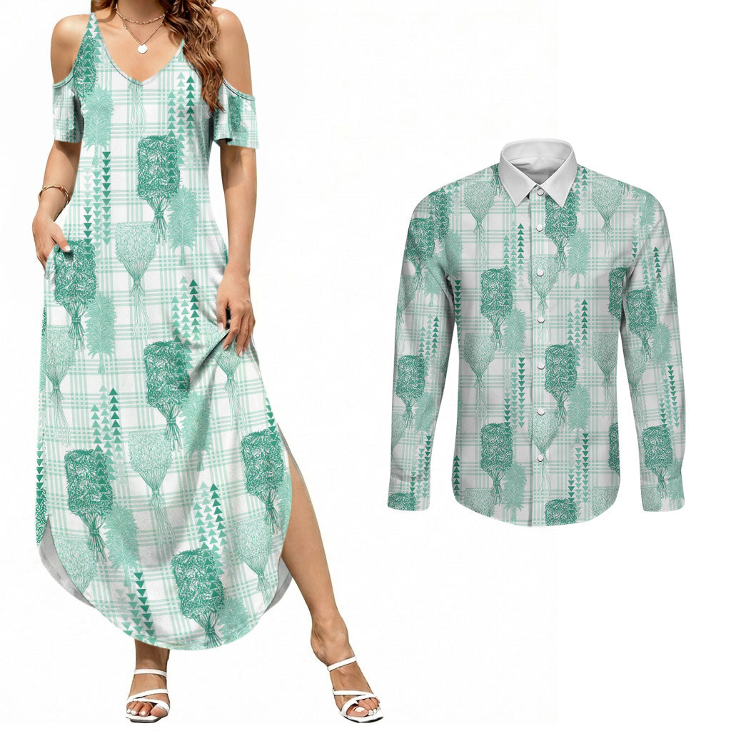 Aloha Hawaii Vintage Kahili Pa'a Lima Couples Matching Summer Maxi Dress and Long Sleeve Button Shirt Palaka Print Mossy Teal LT7 Mossy Teal - Polynesian Pride