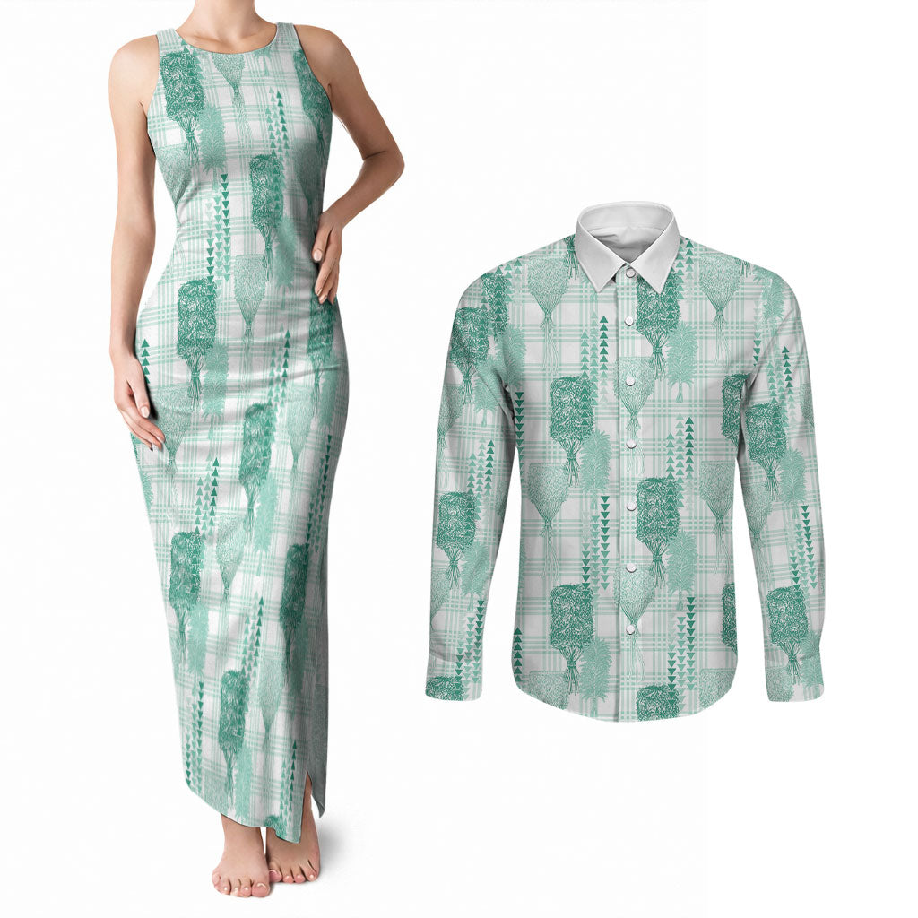 Aloha Hawaii Vintage Kahili Pa'a Lima Couples Matching Tank Maxi Dress and Long Sleeve Button Shirt Palaka Print Mossy Teal LT7 Mossy Teal - Polynesian Pride