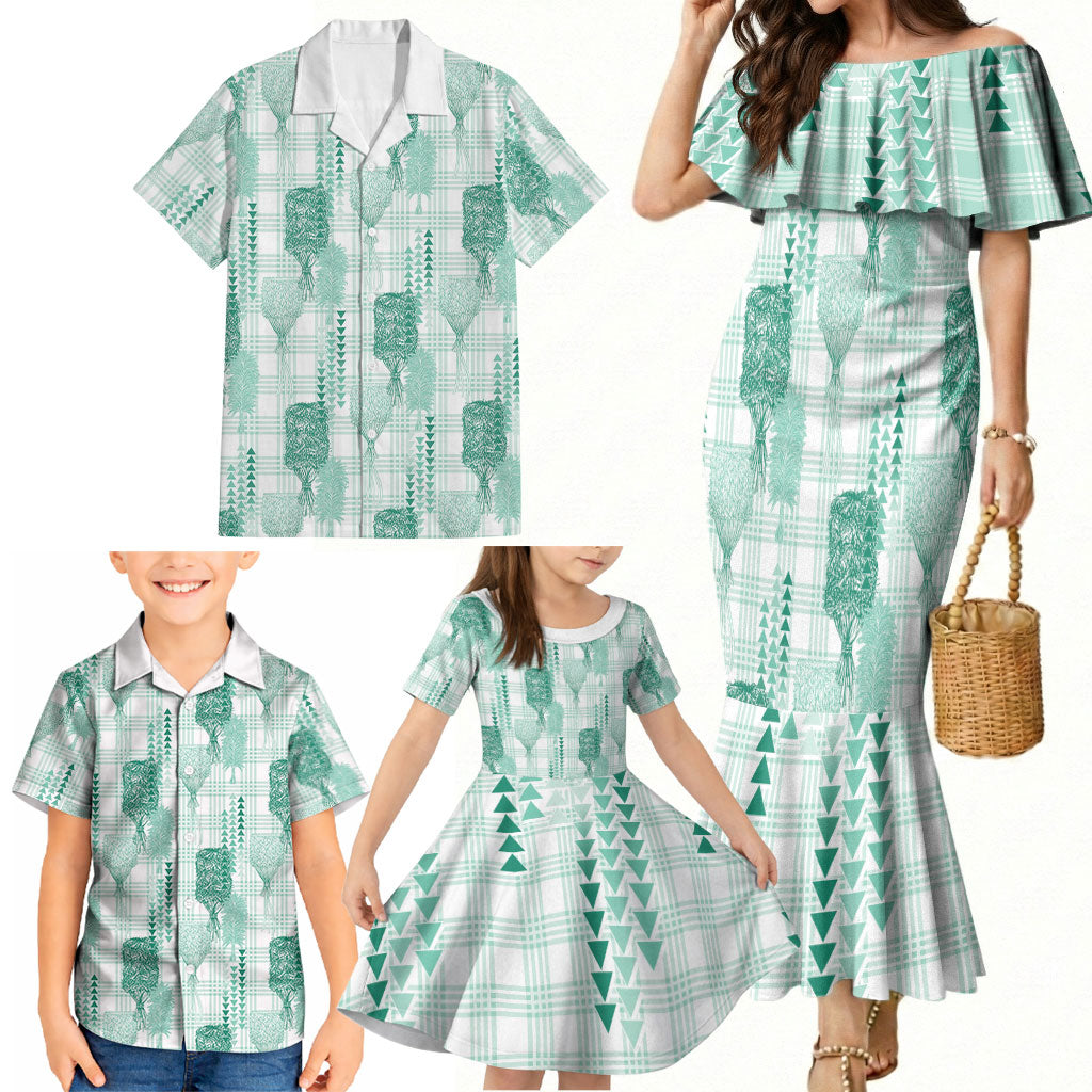 Aloha Hawaii Vintage Kahili Pa'a Lima Family Matching Mermaid Dress and Hawaiian Shirt Palaka Print Mossy Teal