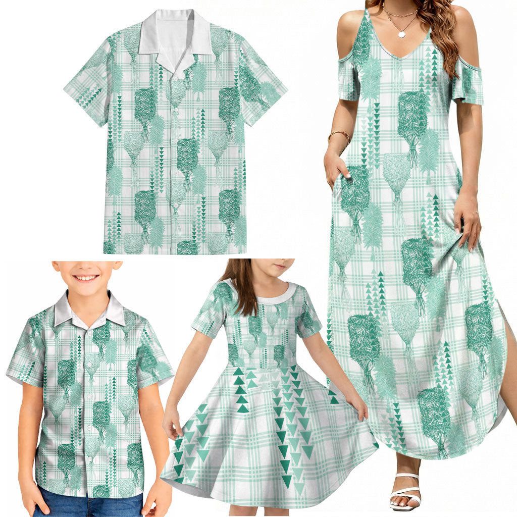Aloha Hawaii Vintage Kahili Pa'a Lima Family Matching Summer Maxi Dress and Hawaiian Shirt Palaka Print Mossy Teal