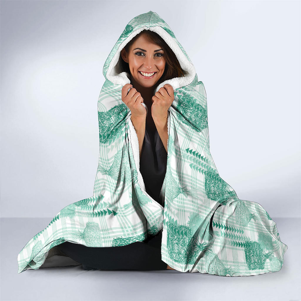 Aloha Hawaii Vintage Kahili Pa'a Lima Hooded Blanket Palaka Print Mossy Teal