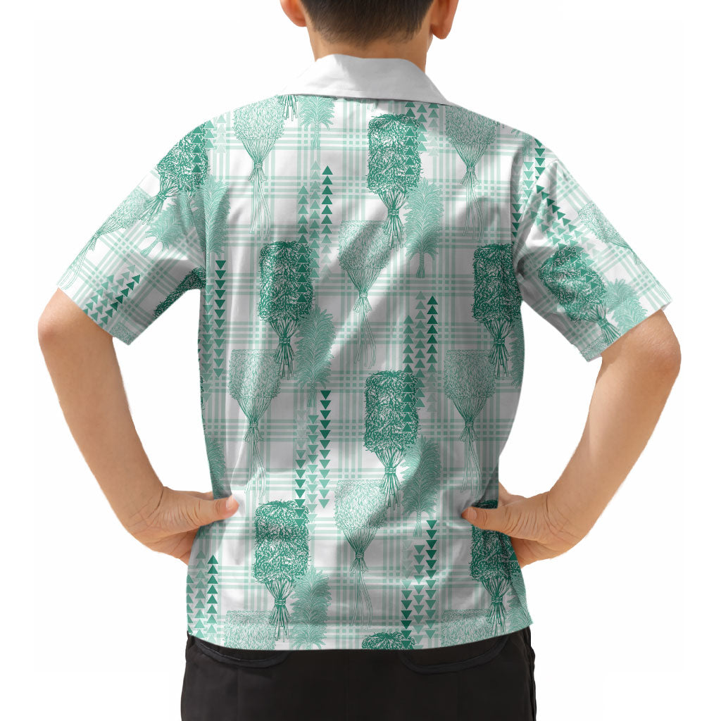 Aloha Hawaii Vintage Kahili Pa'a Lima Kid Hawaiian Shirt Palaka Print Mossy Teal
