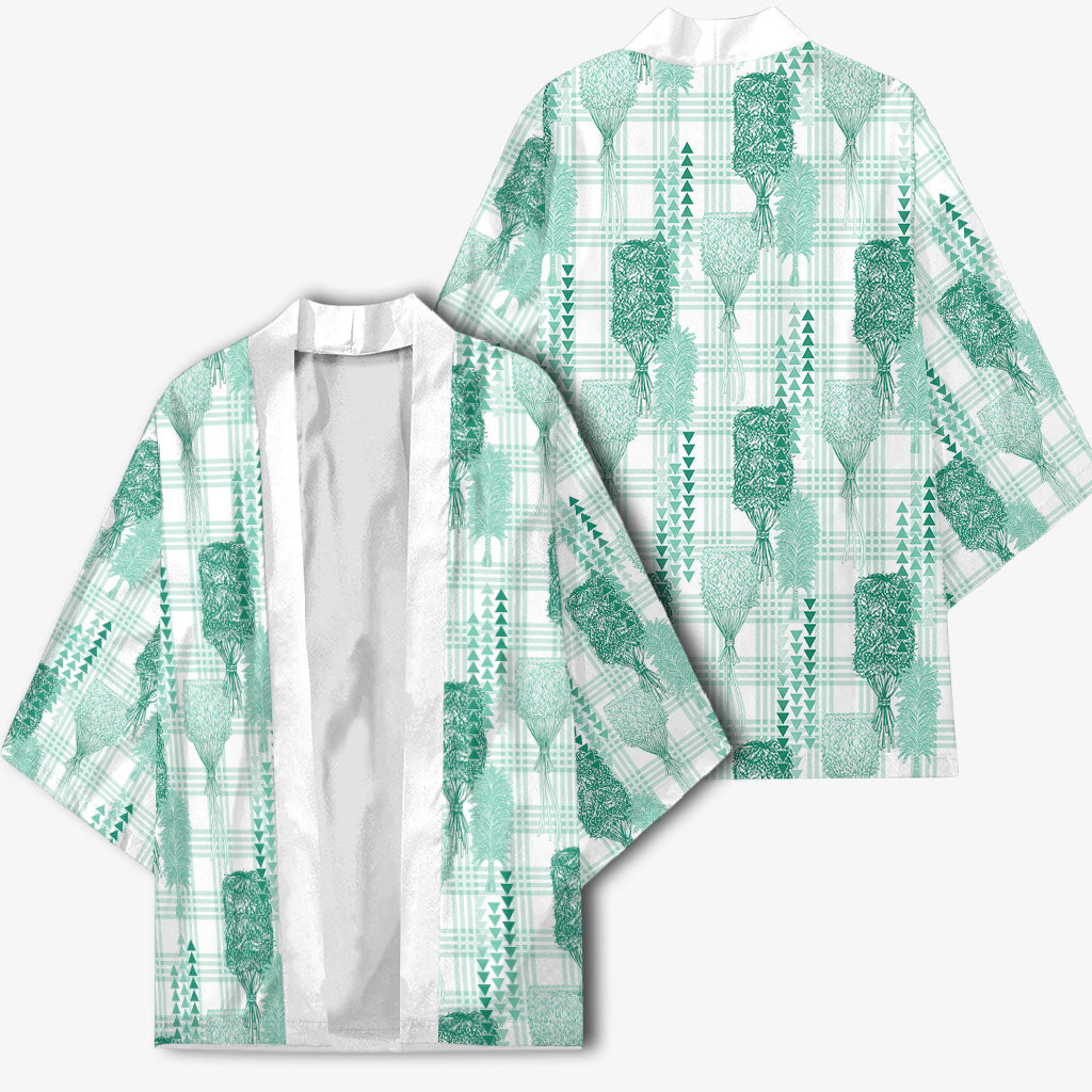 Aloha Hawaii Vintage Kahili Pa'a Lima Kimono Palaka Print Mossy Teal