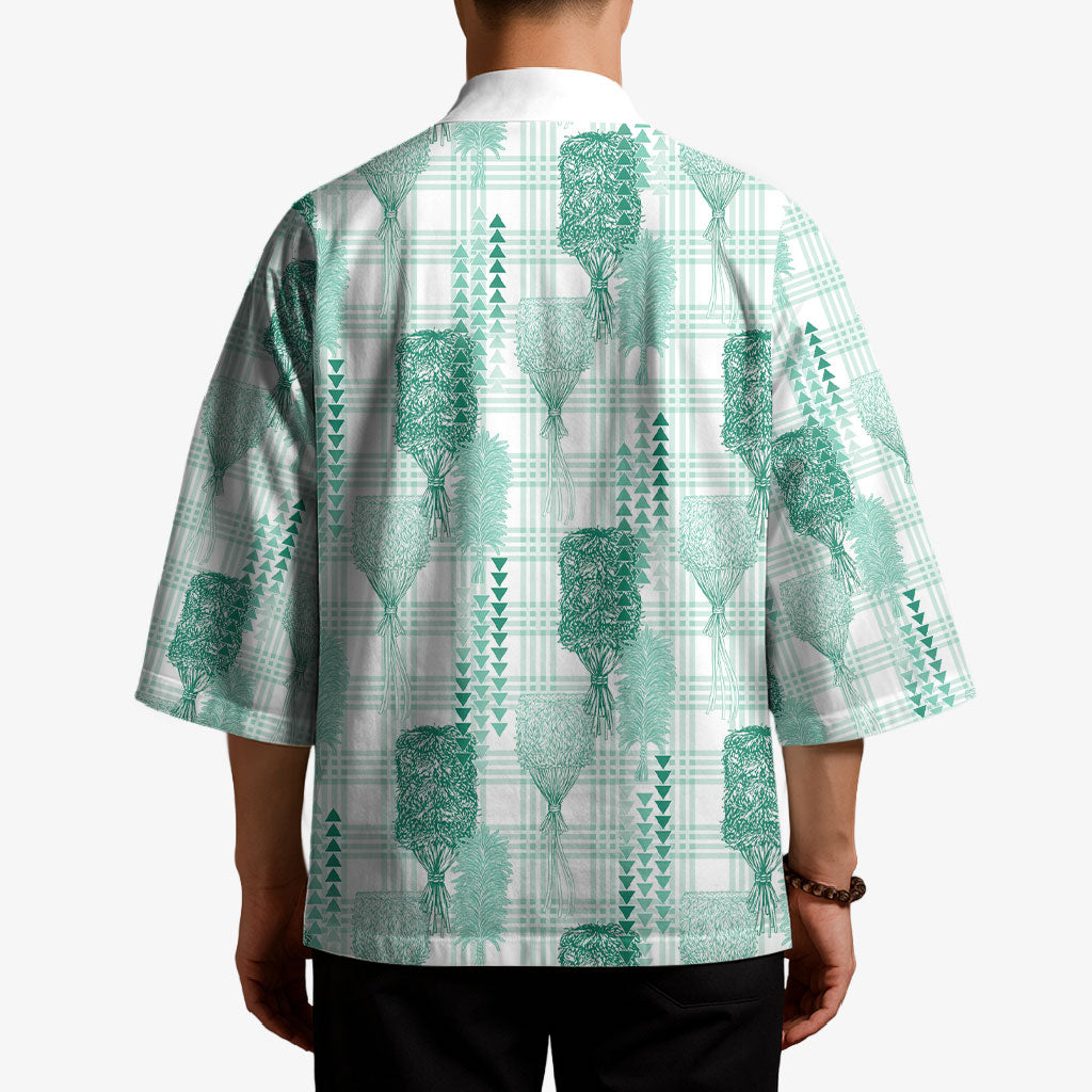 Aloha Hawaii Vintage Kahili Pa'a Lima Kimono Palaka Print Mossy Teal