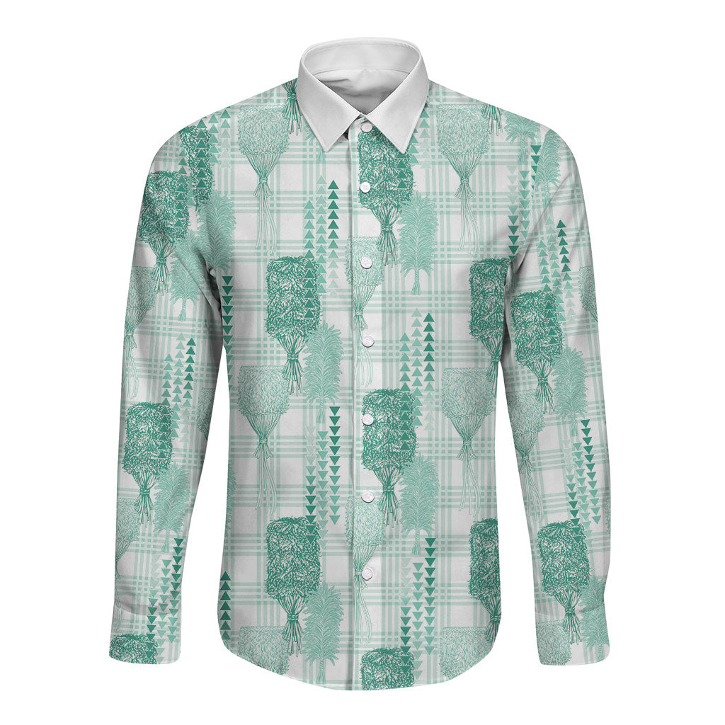 Aloha Hawaii Vintage Kahili Pa'a Lima Long Sleeve Button Shirt Palaka Print Mossy Teal