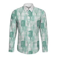 Aloha Hawaii Vintage Kahili Pa'a Lima Long Sleeve Button Shirt Palaka Print Mossy Teal