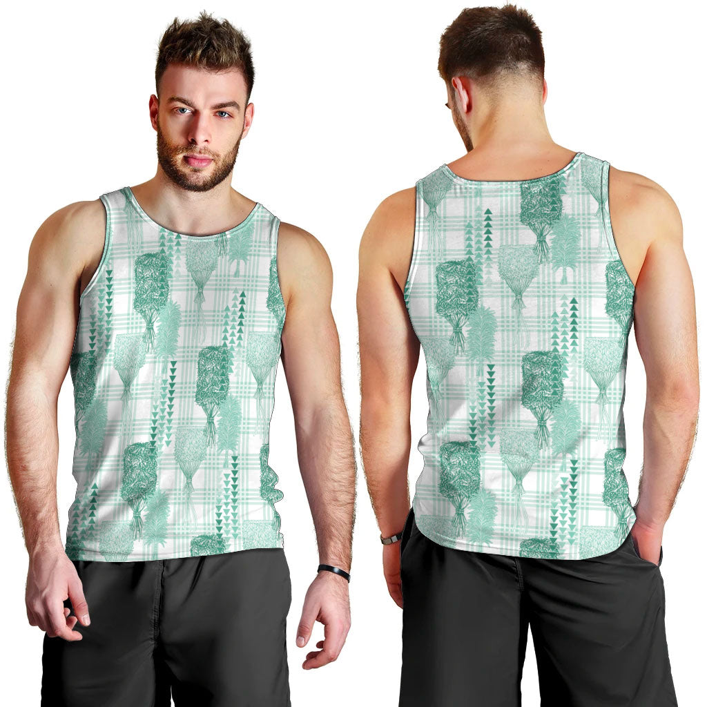 Aloha Hawaii Vintage Kahili Pa'a Lima Men Tank Top Palaka Print Mossy Teal