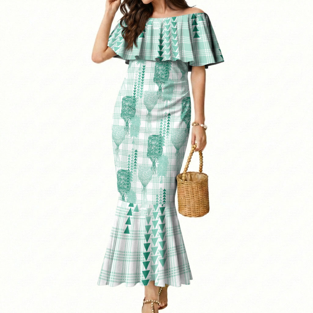 Aloha Hawaii Vintage Kahili Pa'a Lima Mermaid Dress Palaka Print Mossy Teal
