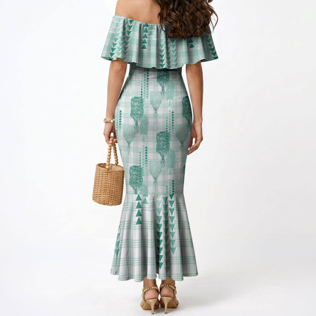 Aloha Hawaii Vintage Kahili Pa'a Lima Mermaid Dress Palaka Print Mossy Teal