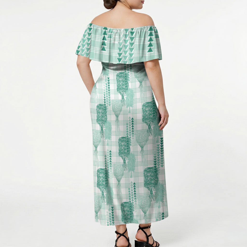 Aloha Hawaii Vintage Kahili Pa'a Lima Off Shoulder Maxi Dress Palaka Print Mossy Teal