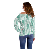 Aloha Hawaii Vintage Kahili Pa'a Lima Off Shoulder Sweater Palaka Print Mossy Teal