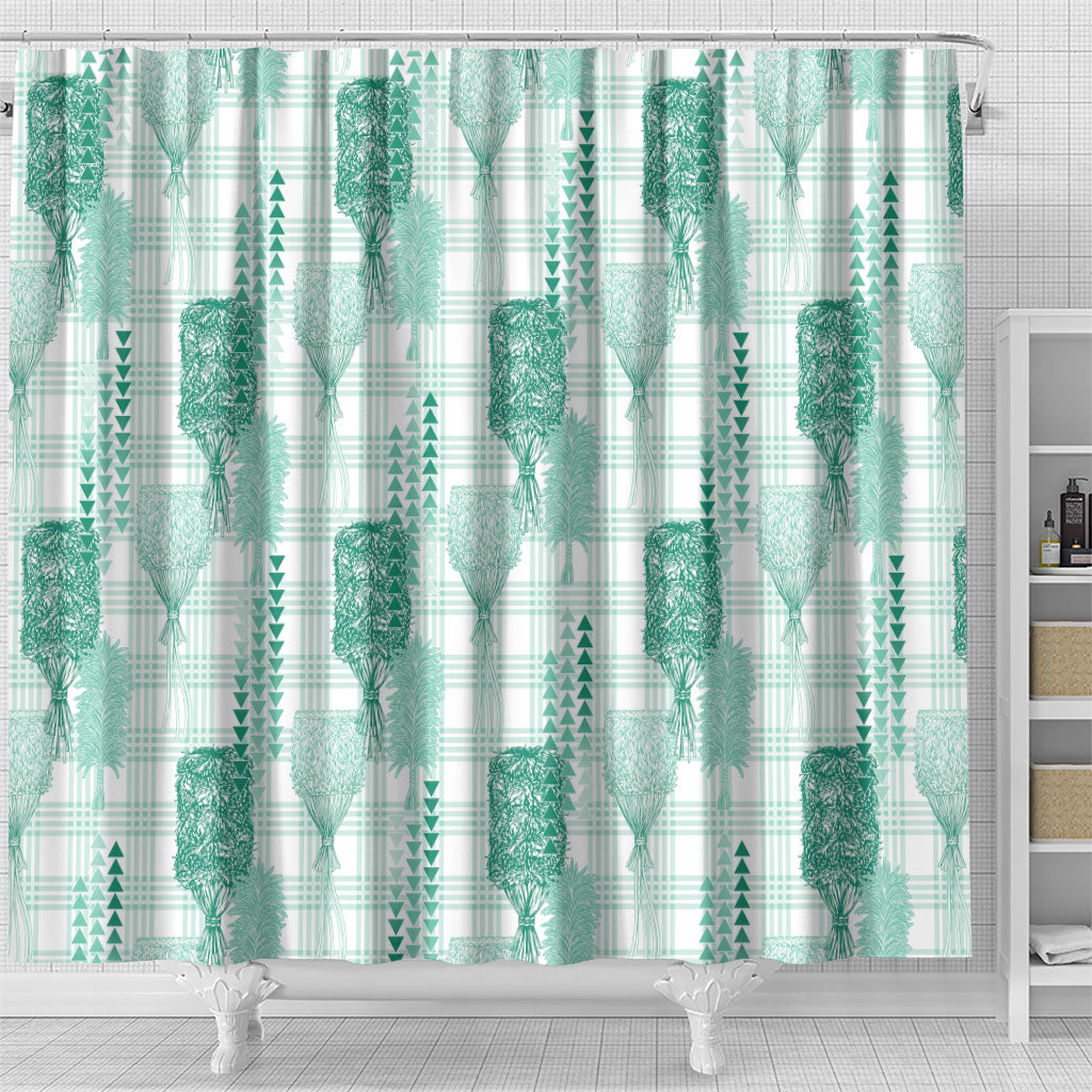 Aloha Hawaii Vintage Kahili Pa'a Lima Shower Curtain Palaka Print Mossy Teal