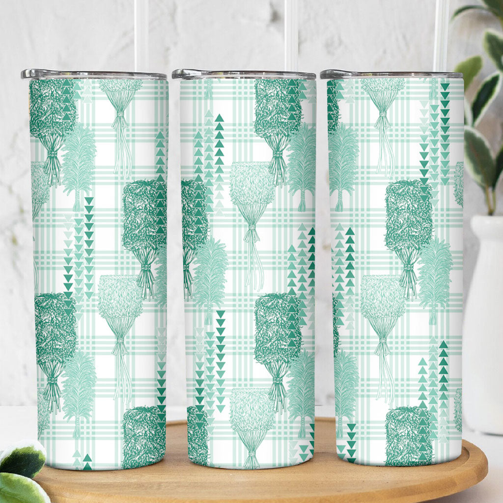 Aloha Hawaii Vintage Kahili Pa'a Lima Skinny Tumbler Palaka Print Mossy Teal