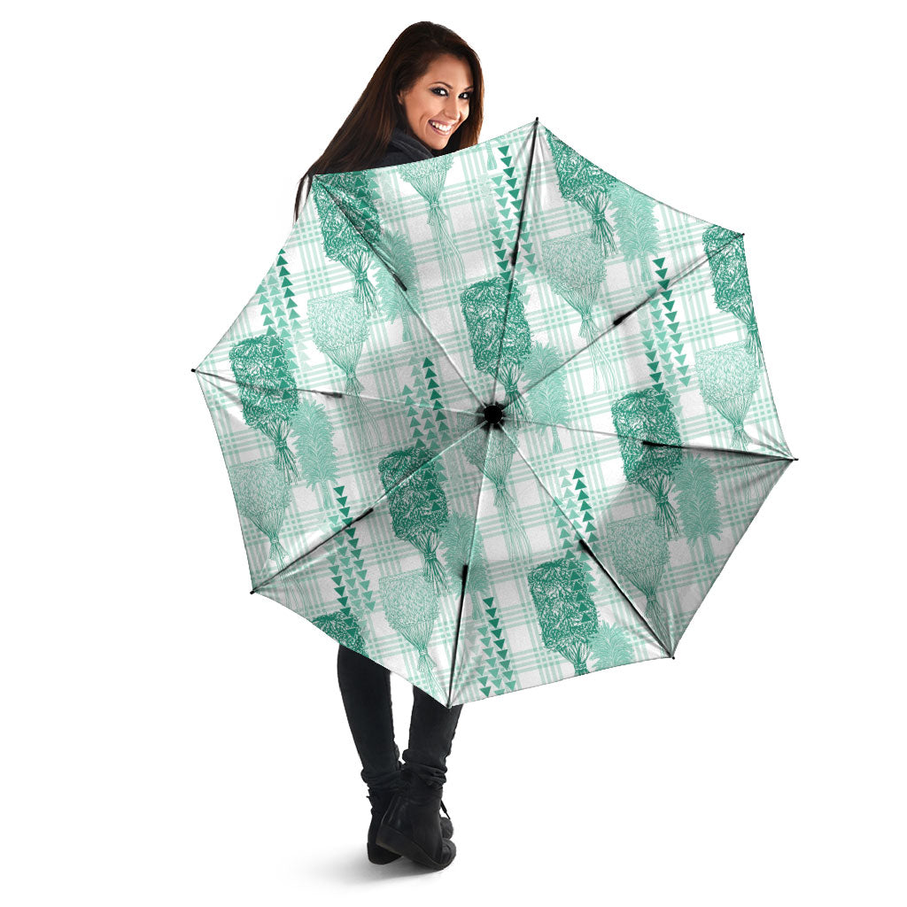 Aloha Hawaii Vintage Kahili Pa'a Lima Umbrella Palaka Print Mossy Teal