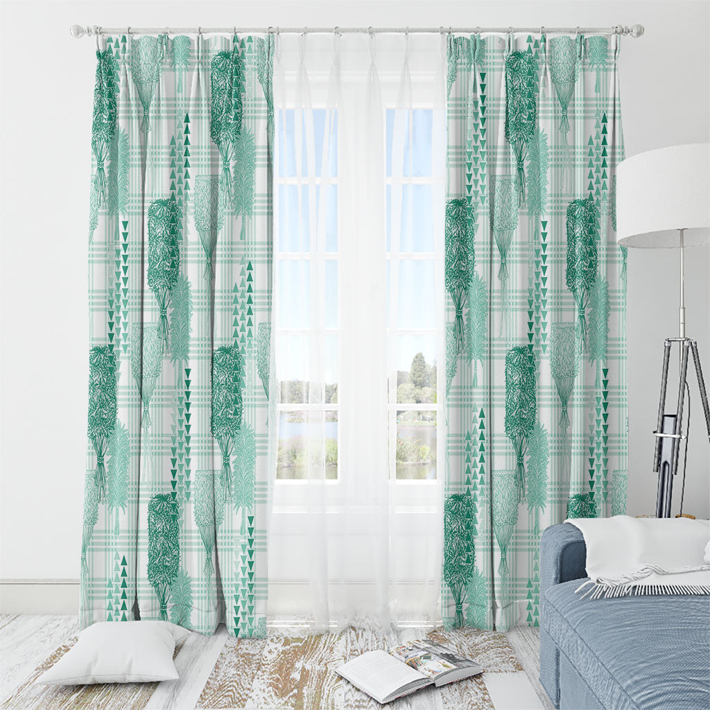 Aloha Hawaii Vintage Kahili Pa'a Lima Window Curtain Palaka Print Mossy Teal