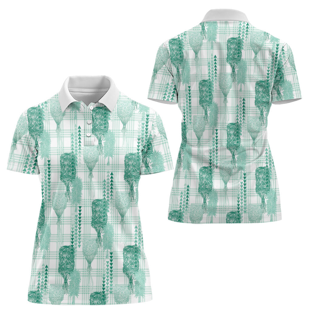 Aloha Hawaii Vintage Kahili Pa'a Lima Women Polo Shirt Palaka Print Mossy Teal